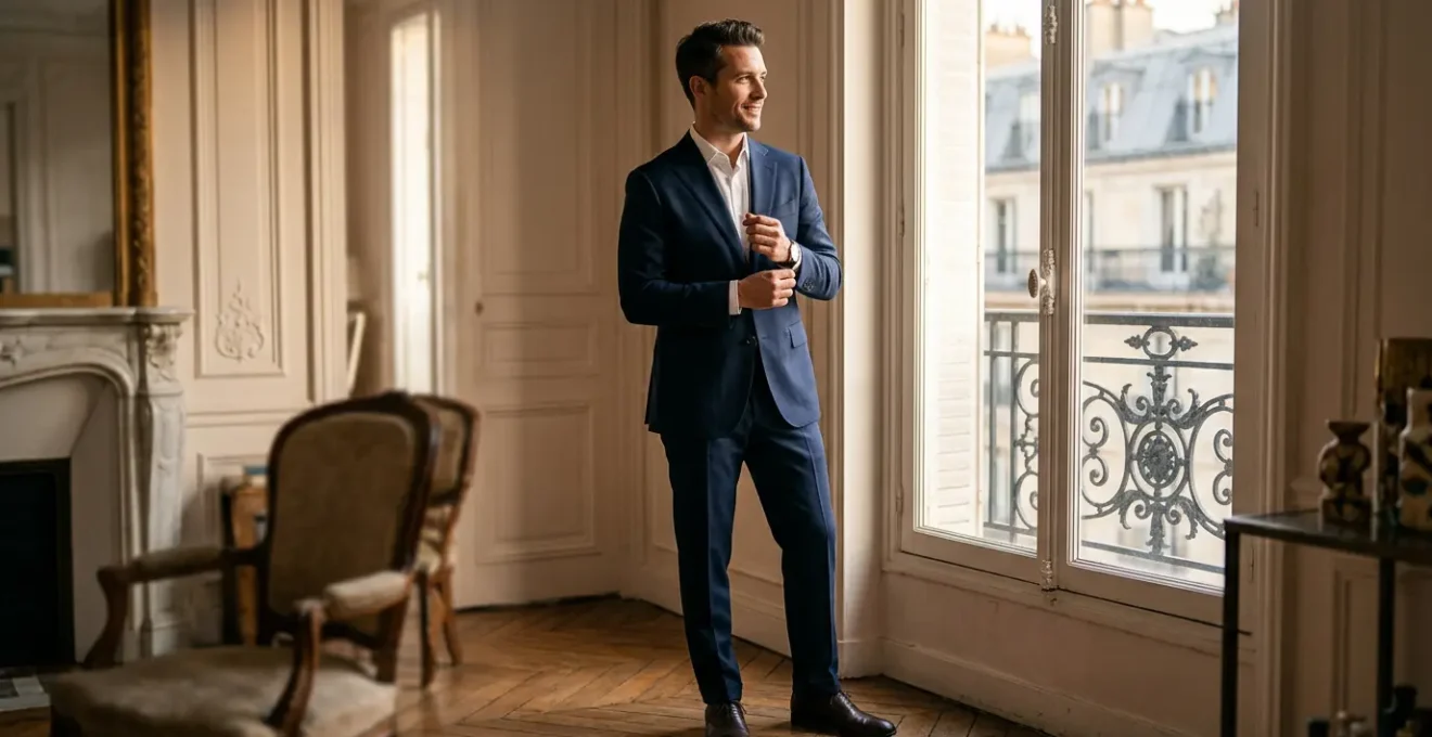 Portrait d'une personne élégante en costume bleu marine parfaitement ajusté dans un cadre parisien contemporain
