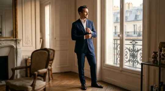Portrait d'une personne élégante en costume bleu marine parfaitement ajusté dans un cadre parisien contemporain
