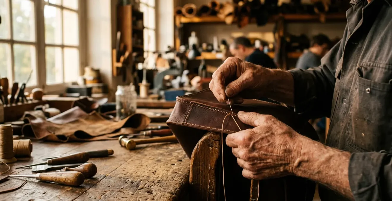 Atelier d'artisan EPV avec outils traditionnels et mains expertes travaillant sur une pièce de maroquinerie dans une lumière dorée