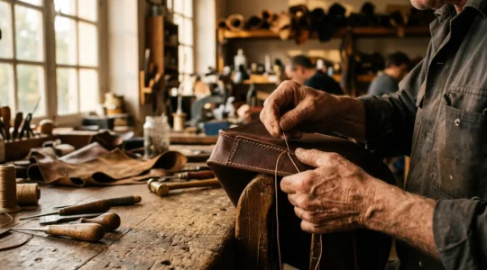 Atelier d'artisan EPV avec outils traditionnels et mains expertes travaillant sur une pièce de maroquinerie dans une lumière dorée