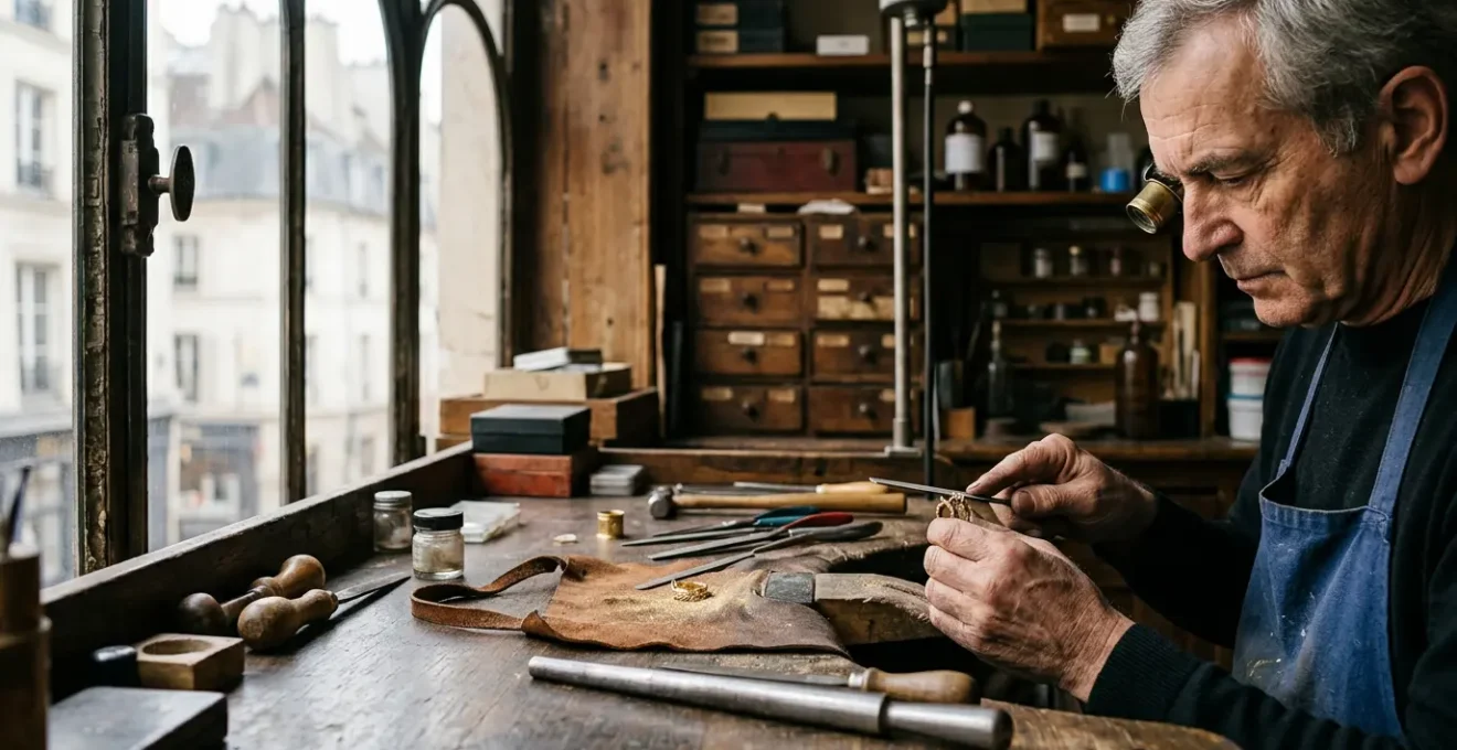 Création d'une bague de fiançailles sur mesure dans un atelier parisien avec artisan joaillier travaillant minutieusement