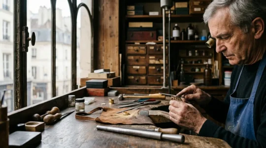 Création d'une bague de fiançailles sur mesure dans un atelier parisien avec artisan joaillier travaillant minutieusement
