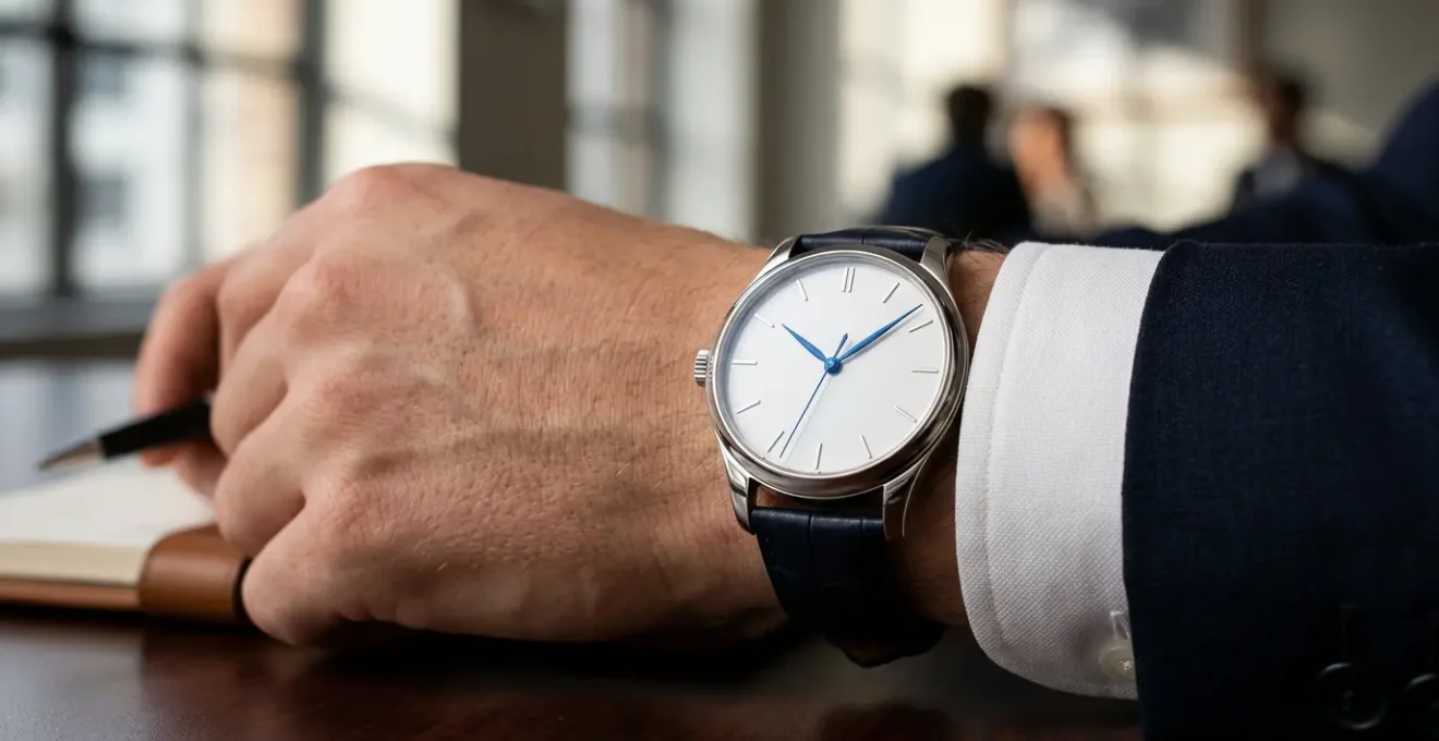 Gros plan sur un cadran de montre minimaliste blanc avec aiguilles en acier bleui sur un poignet portant une manchette de chemise blanche