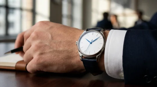 Gros plan sur un cadran de montre minimaliste blanc avec aiguilles en acier bleui sur un poignet portant une manchette de chemise blanche