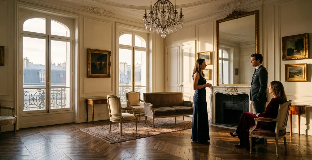 Scène élégante d'un salon parisien haussmannien avec figures en discussion raffinée