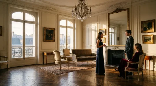 Scène élégante d'un salon parisien haussmannien avec figures en discussion raffinée