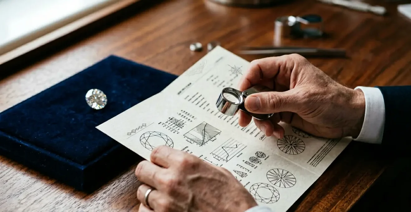 Expert en gemmologie examinant un certificat de diamant avec une loupe professionnelle