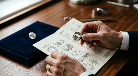 Expert en gemmologie examinant un certificat de diamant avec une loupe professionnelle