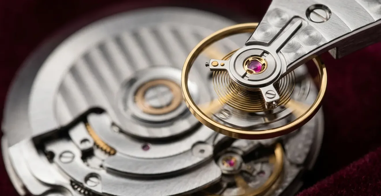 Mécanisme de mouvement automatique certifié COSC avec balancier et spiral en macro