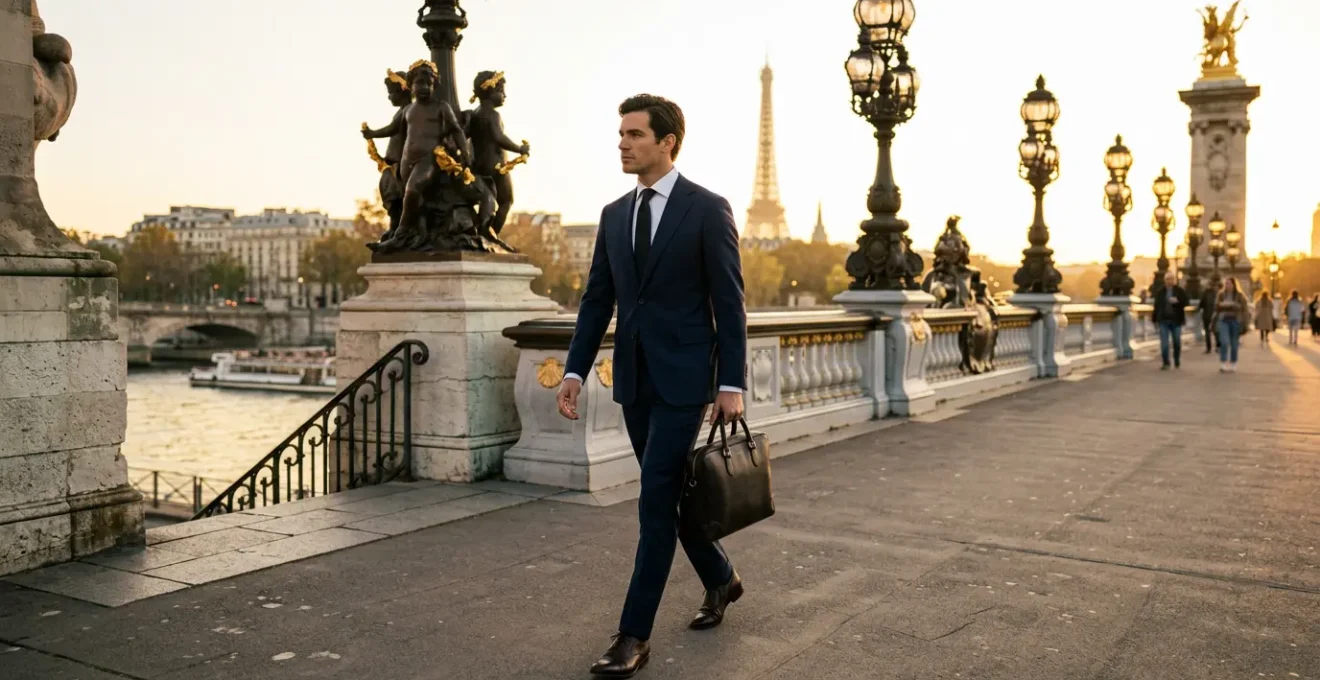 Homme élégant en costume ajusté traversant un pont parisien au coucher du soleil