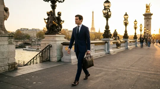 Homme élégant en costume ajusté traversant un pont parisien au coucher du soleil