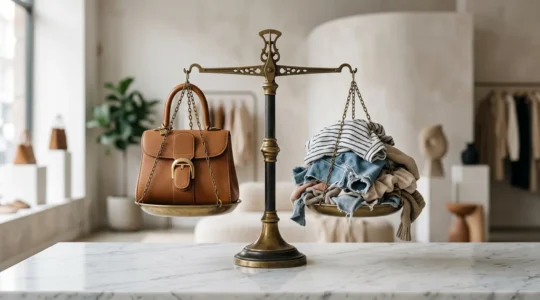 Balance élégante entre une pièce de luxe intemporelle et des vêtements éphémères de fast fashion
