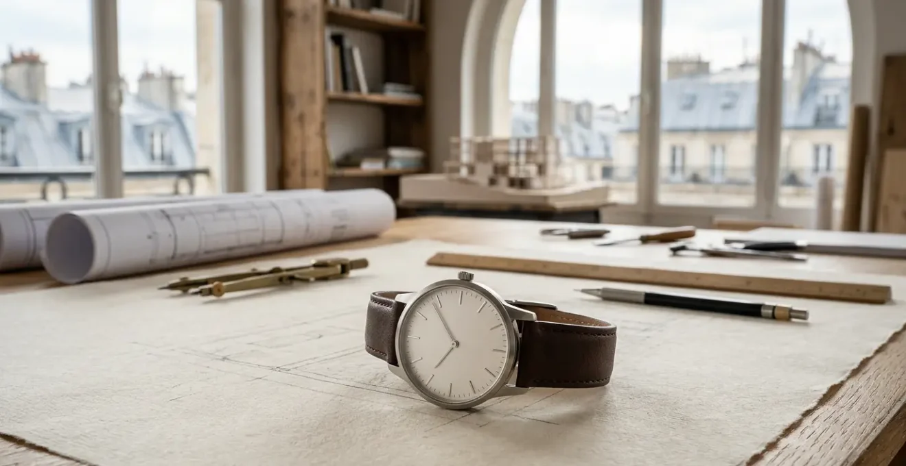 Montre minimaliste posée sur table d'architecte avec plans et outils de dessin dans un bureau parisien lumineux
