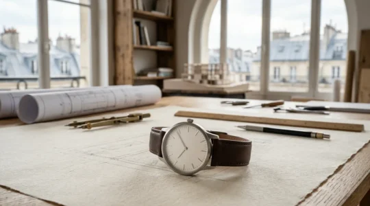 Montre minimaliste posée sur table d'architecte avec plans et outils de dessin dans un bureau parisien lumineux