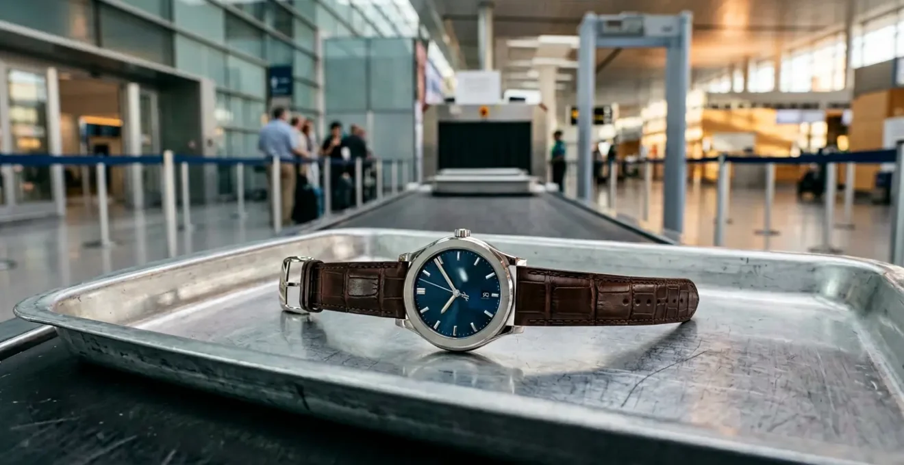 Détails d'une montre de luxe avec bracelet en alligator dans un contexte de voyage aéroportuaire