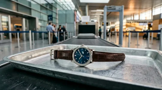 Détails d'une montre de luxe avec bracelet en alligator dans un contexte de voyage aéroportuaire