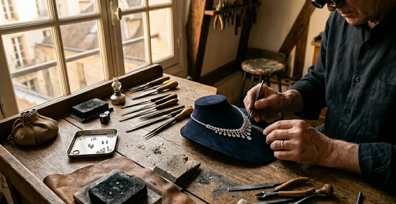 Parure de haute joaillerie en cours de création dans un atelier parisien, baignée par une lumière dorée naturelle
