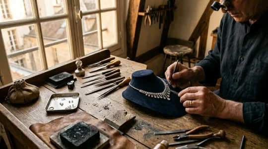 Parure de haute joaillerie en cours de création dans un atelier parisien, baignée par une lumière dorée naturelle