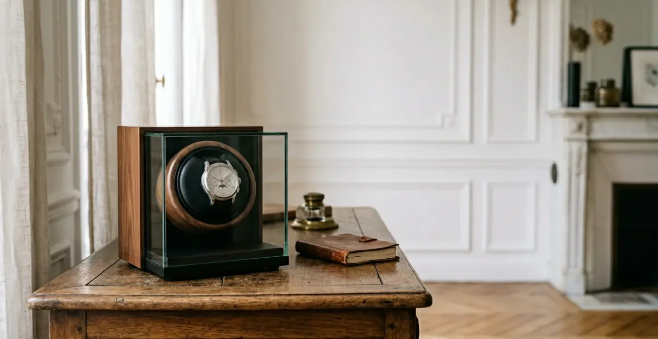 Remontoir de luxe en bois précieux avec montre à calendrier perpétuel dans un intérieur raffiné français