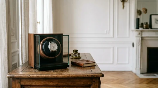Remontoir de luxe en bois précieux avec montre à calendrier perpétuel dans un intérieur raffiné français