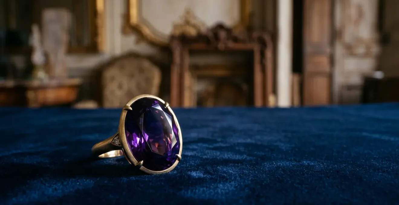 Mise en scène sophistiquée d'un bijou améthyste de haute joaillerie dans un écrin de velours