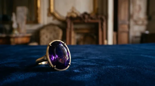 Mise en scène sophistiquée d'un bijou améthyste de haute joaillerie dans un écrin de velours