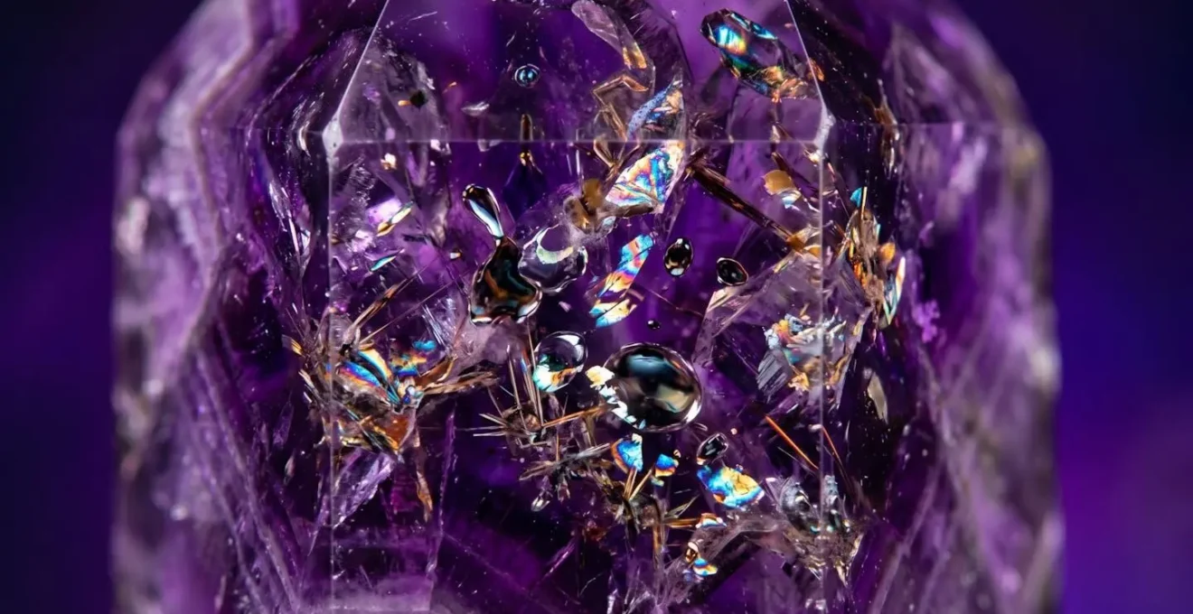 Vue microscopique des inclusions caractéristiques d'une améthyste naturelle