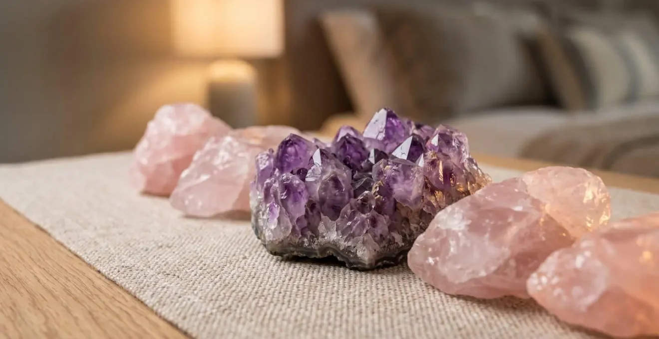 Améthyste et quartz rose disposés sur une table de chevet dans une chambre apaisante
