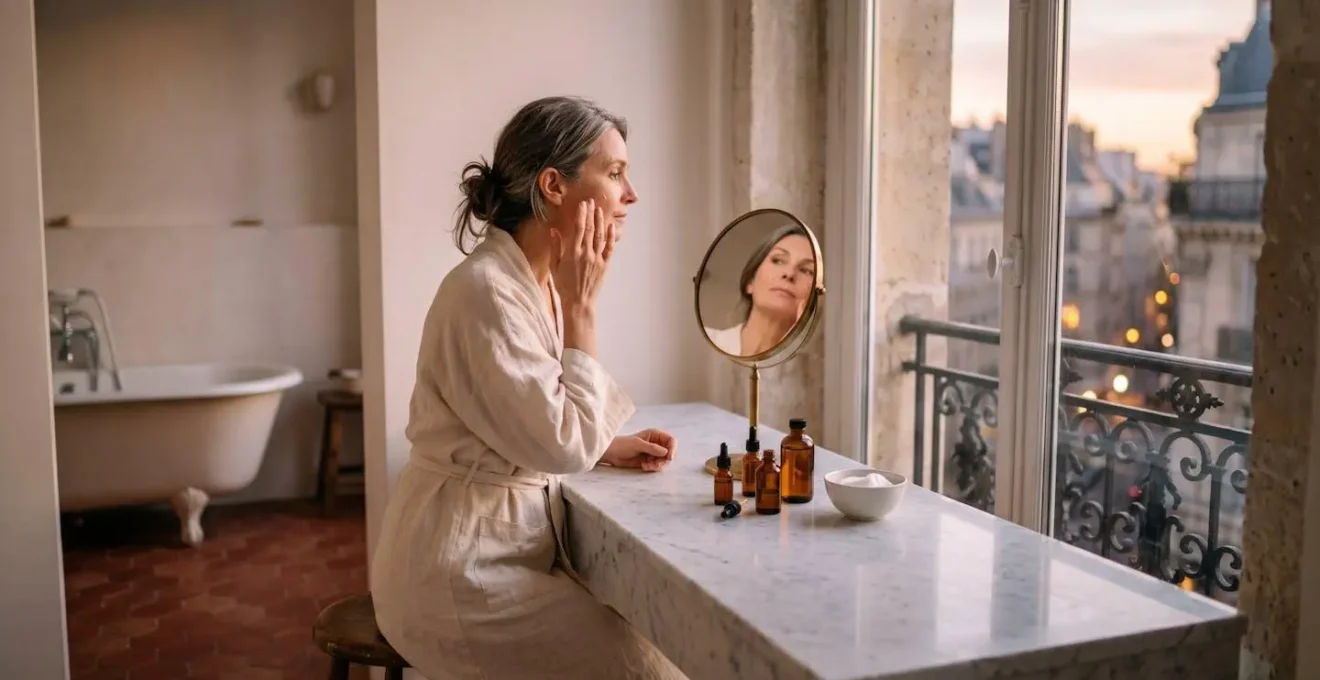 Femme appliquant délicatement un sérum au rétinol lors de sa routine du soir