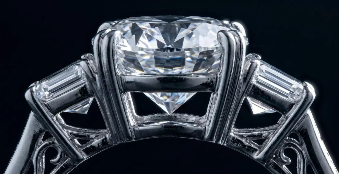Vue en coupe d'un sertissage de bague montrant le passage de la lumière à travers les pierres