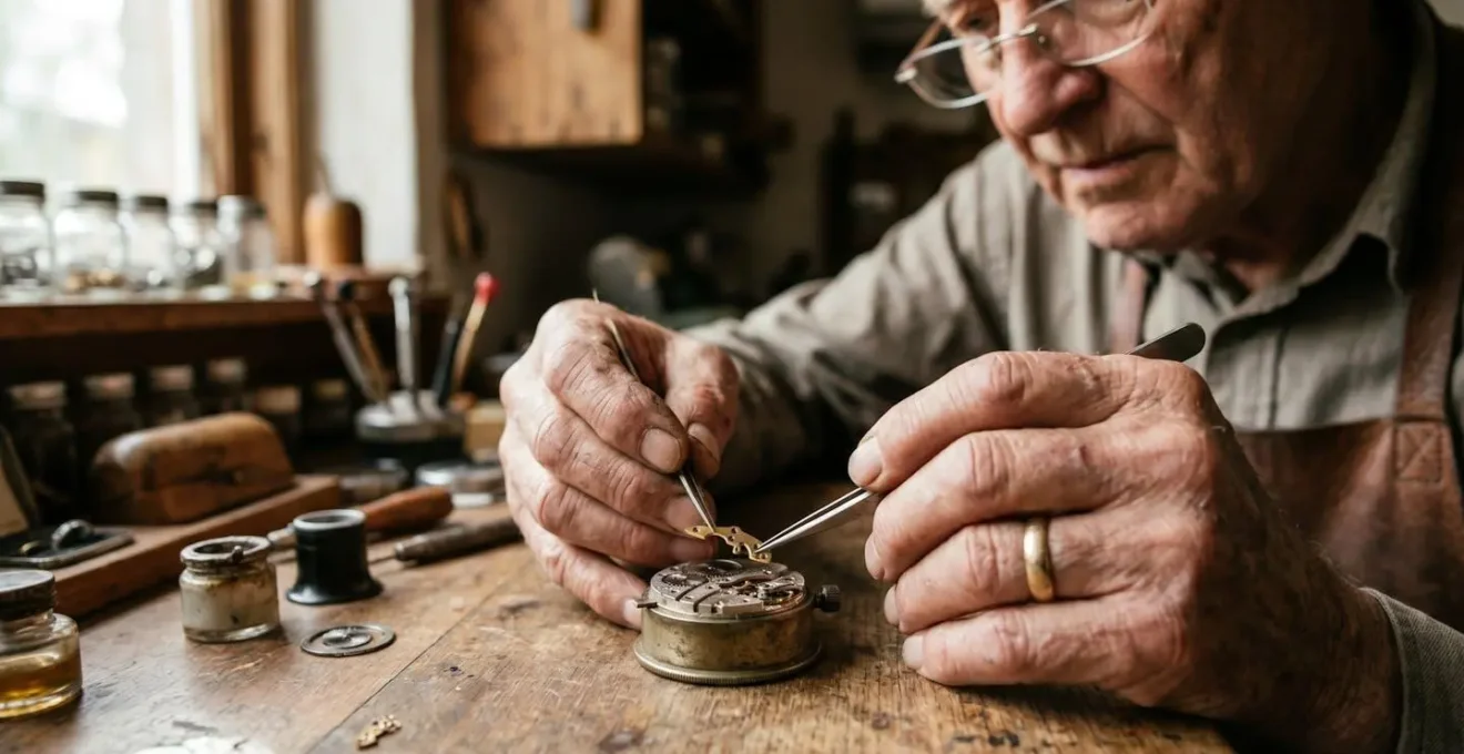 Artisan horloger travaillant à la main sur une pièce unique dans son atelier français
