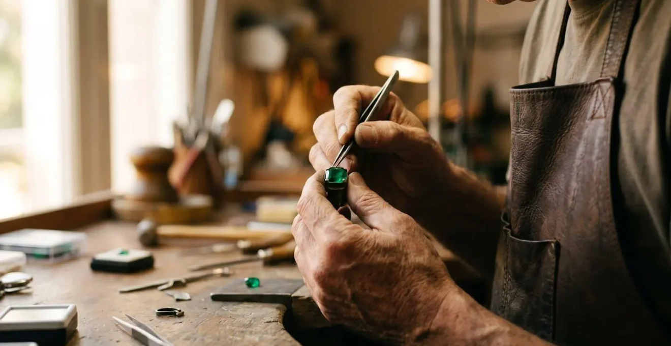 Mains d'artisan joaillier travaillant délicatement sur une émeraude avec des outils professionnels