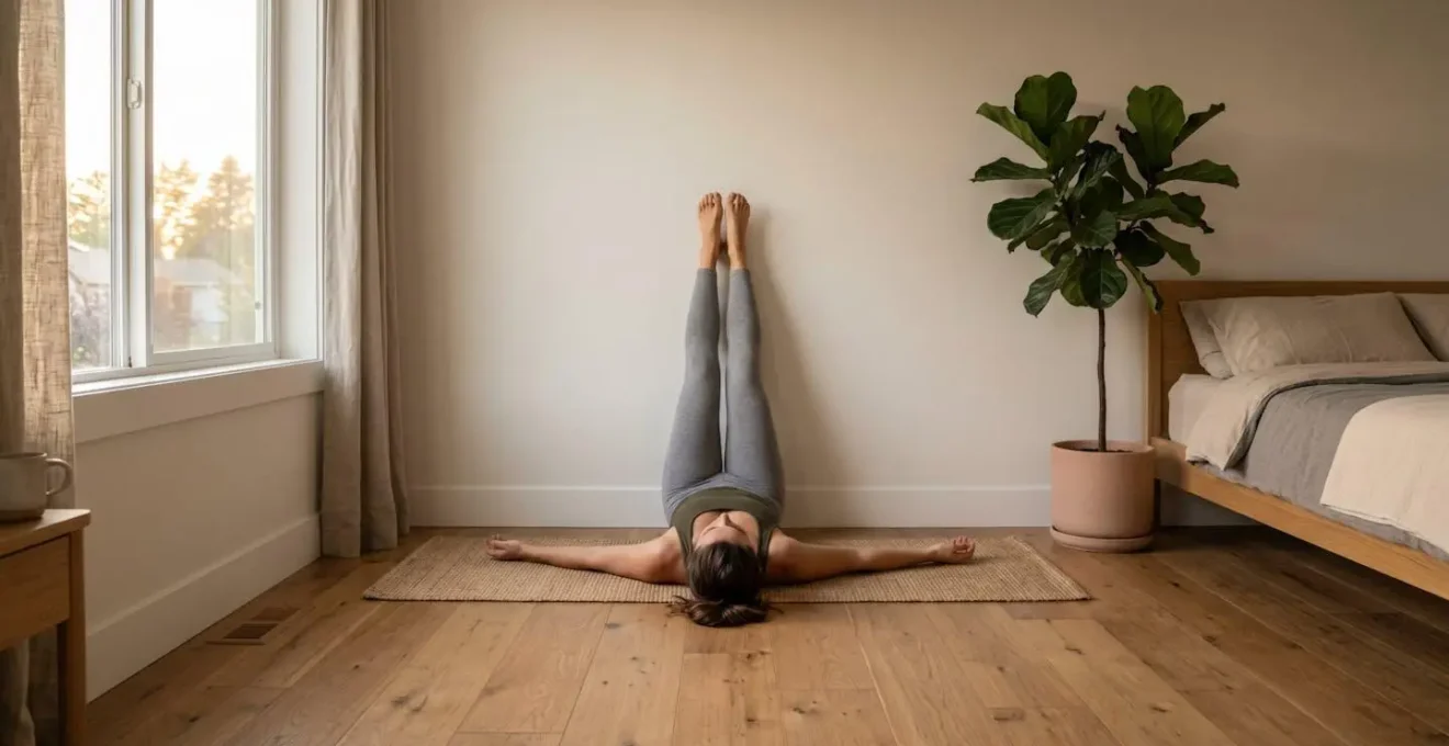 Femme pratiquant l'auto-drainage des jambes en position allongée avec jambes surélevées contre un mur