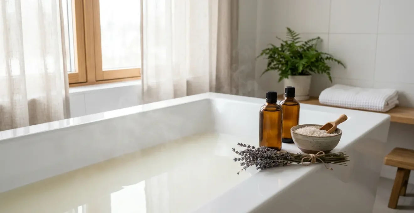 Bain relaxant aux huiles essentielles avec dilution sécurisée dans une baignoire moderne