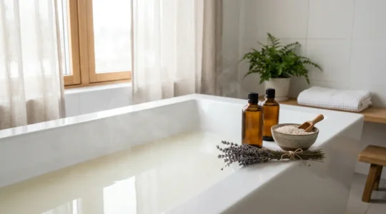 Bain relaxant aux huiles essentielles avec dilution sécurisée dans une baignoire moderne