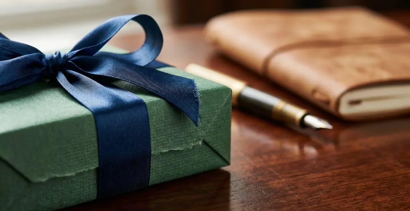 Nature morte luxueuse avec coffret cadeau raffiné et accessoires de bureau haut de gamme