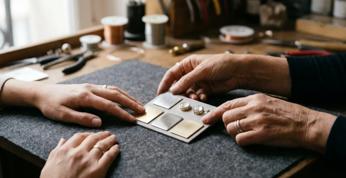 Artisan joaillier parisien montrant des échantillons de finitions et textures à un client dans son atelier