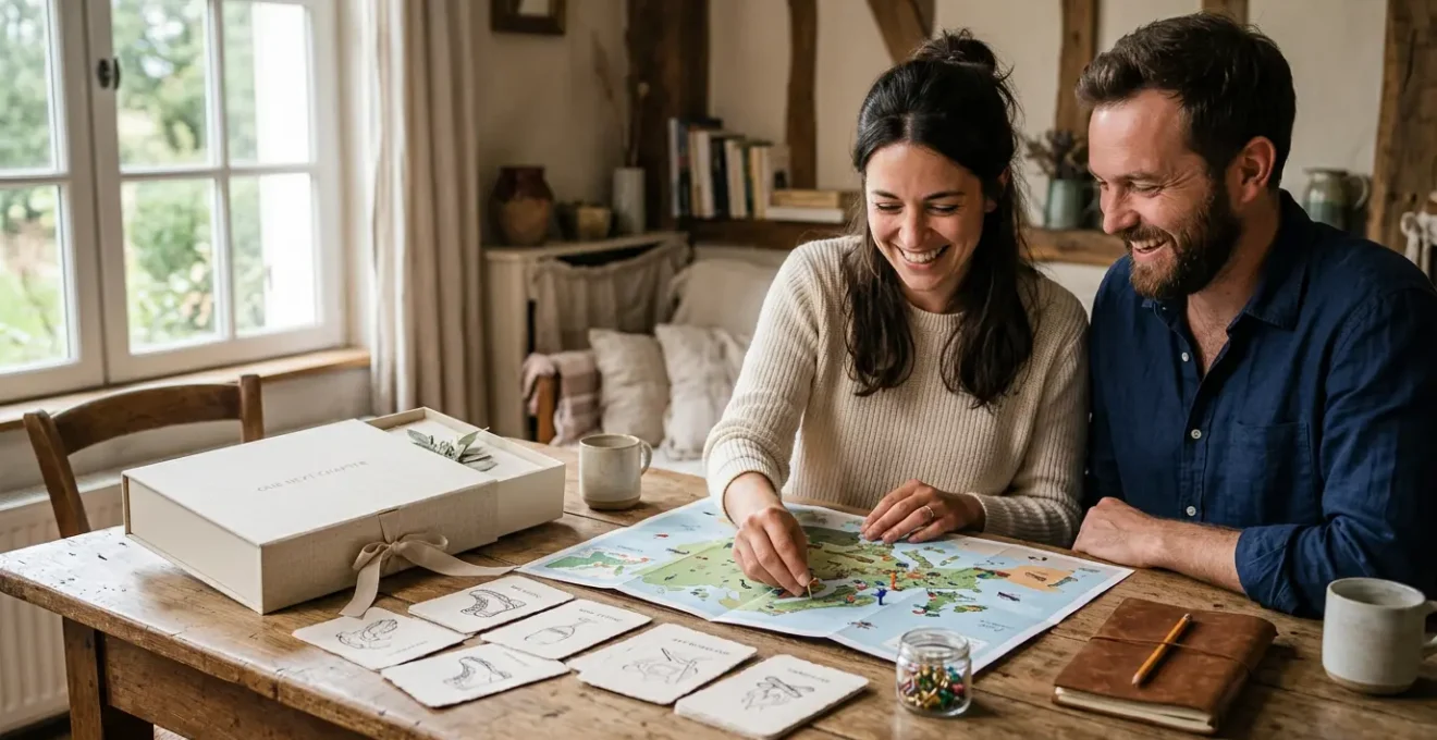 Couple examinant attentivement un coffret cadeau multi-activités avec carte et brochure sur table en bois dans un intérieur chaleureux