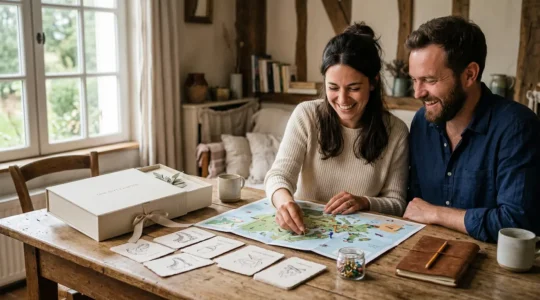 Couple examinant attentivement un coffret cadeau multi-activités avec carte et brochure sur table en bois dans un intérieur chaleureux