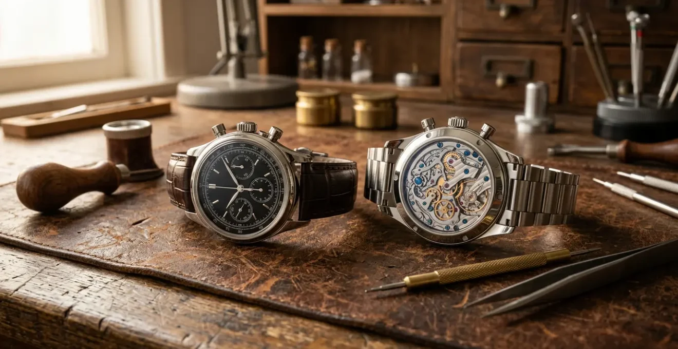 Comparaison visuelle entre un chronographe flyback et rattrapante sur fond d'atelier horloger