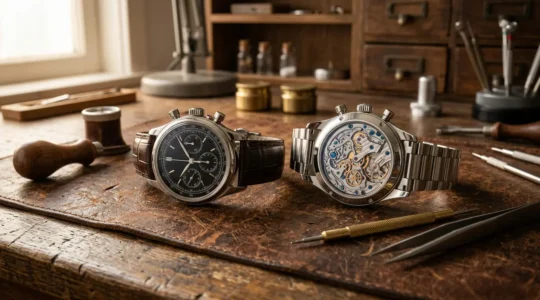 Comparaison visuelle entre un chronographe flyback et rattrapante sur fond d'atelier horloger