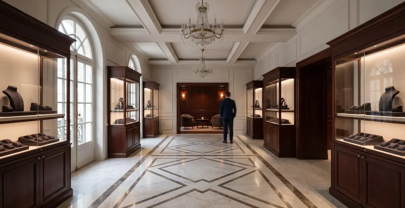 Intérieur luxueux d'une boutique horlogère avec vitrines exclusives