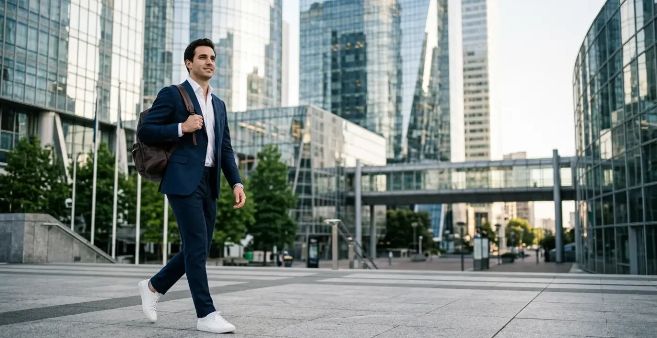 Homme d'affaires parisien portant un costume sombre avec des sneakers en cuir blanc, marchant dans un quartier d'affaires moderne