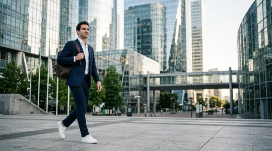 Homme d'affaires parisien portant un costume sombre avec des sneakers en cuir blanc, marchant dans un quartier d'affaires moderne