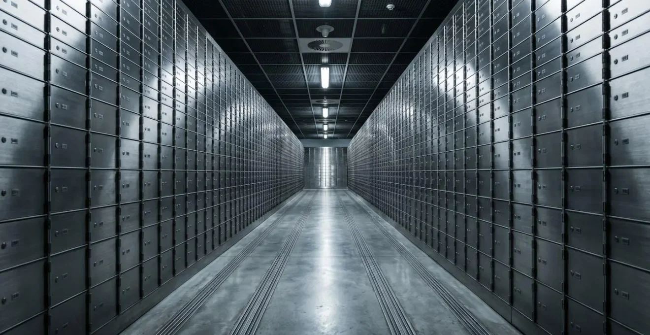 Intérieur d'un coffre-fort bancaire moderne avec systèmes de sécurité