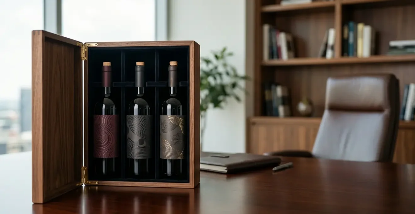 Coffret de vins prestigieux en bois avec verres et accessoires de dégustation dans un environnement professionnel élégant