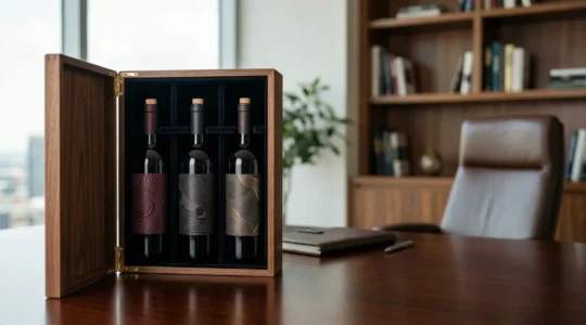 Coffret de vins prestigieux en bois avec verres et accessoires de dégustation dans un environnement professionnel élégant