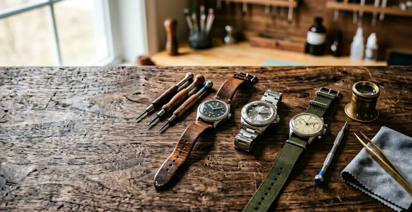 Collection de montres classiques avec outils d'entretien professionnels d'horloger sur établi en bois