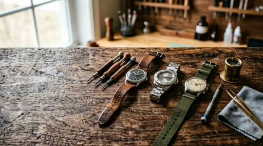 Collection de montres classiques avec outils d'entretien professionnels d'horloger sur établi en bois