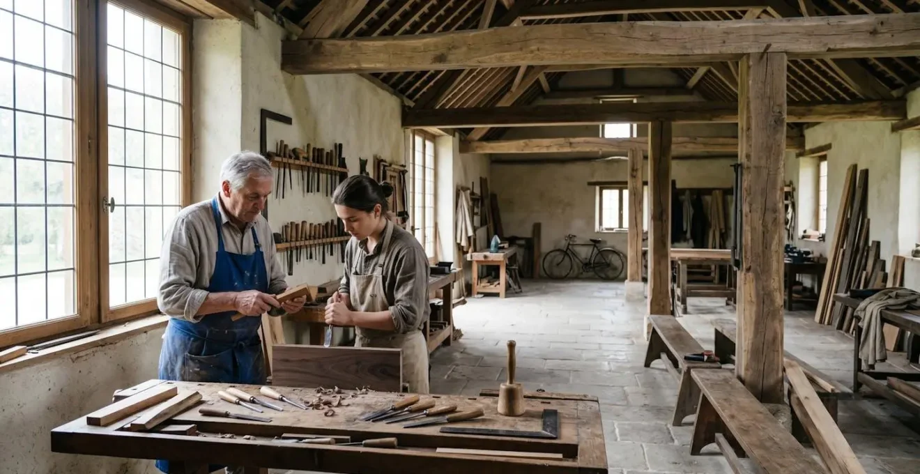 Maître artisan transmettant un geste technique précis à un apprenti dans un atelier traditionnel français baigné de lumière naturelle